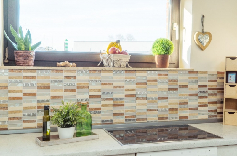 Muestra de mano mosaico azulejo espejo translúcido acero inoxidable beige rectángulo vidrio mosaico cristal piedra acero beige MOS87-52X_m