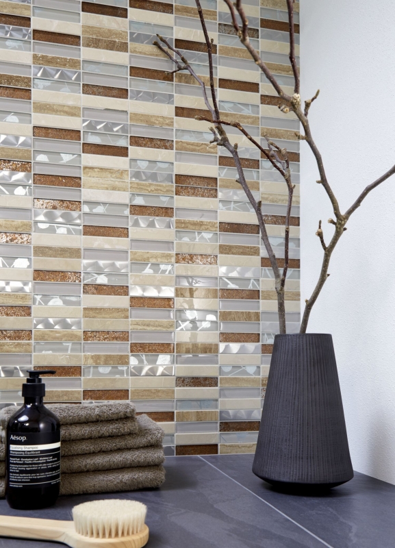 Muestra de mano mosaico azulejo espejo translúcido acero inoxidable beige rectángulo vidrio mosaico cristal piedra acero beige MOS87-52X_m