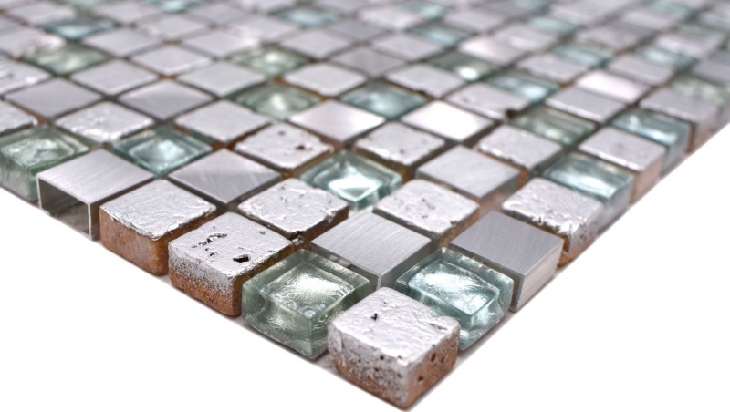 Muestra de mano mosaico azulejo Translúcido aluminio plata Mosaico de vidrio Cristal Alu Resina plata MOS92-0202_m