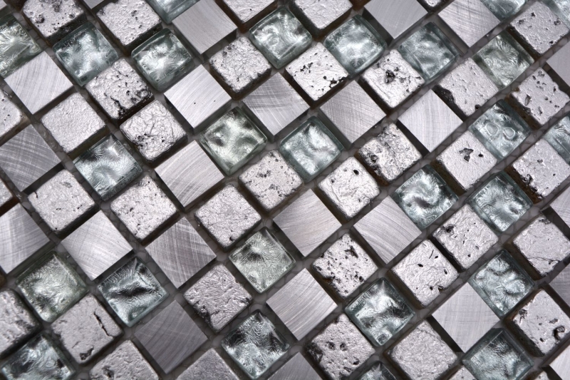 Muestra de mano mosaico azulejo Translúcido aluminio plata Mosaico de vidrio Cristal Alu Resina plata MOS92-0202_m