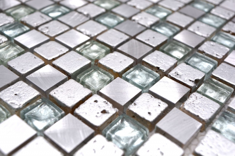 Muestra de mano mosaico azulejo Translúcido aluminio plata Mosaico de vidrio Cristal Alu Resina plata MOS92-0202_m