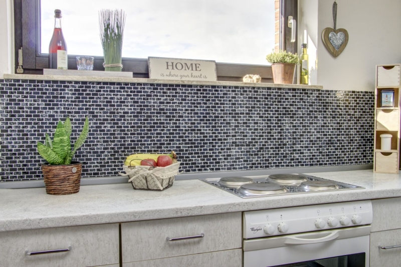 Muestra de mano mosaico azulejo Azulejo backsplash Translúcido negro Ladrillo Mosaico de vidrio Piedra de cristal negro MOS87-b1128_m