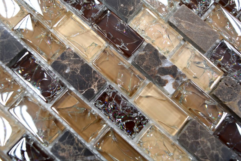 Muestra de mano mosaico azulejo backsplash translúcido beige oscuro ladrillo vidrio mosaico cristal piedra emperador oscuro MOS87-B1155_m