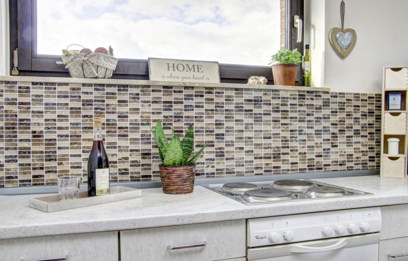 Muestra de mano mosaico azulejo Azulejo backsplash Translúcido beige oscuro varillas Mosaico de vidrio Piedra de cristal emperador oscuro MOS87-S1255_m