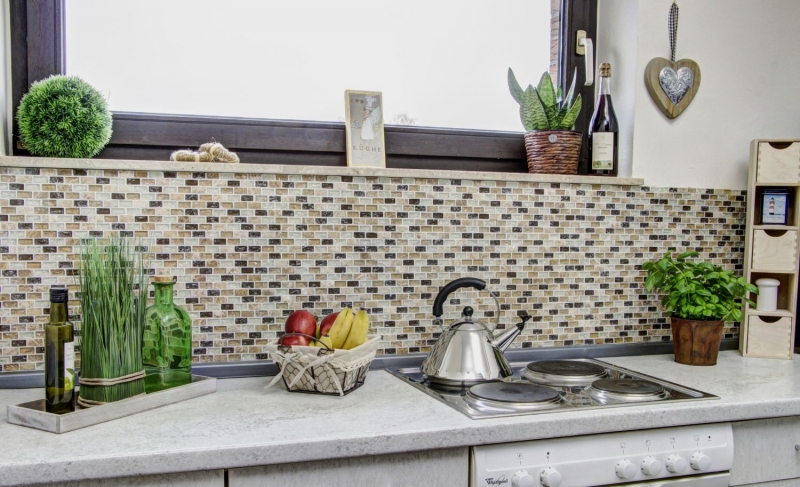 Muestra de mano mosaico azulejo azulejo backsplash translúcido luz beige ladrillo vidrio mosaico cristal piedra emperador luz MOS87-B1153_m