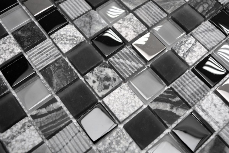 Muestra de mano azulejo mosaico Azulejo backsplash Gris translúcido negro Mosaico de vidrio Piedra de cristal EP gris negro plata MOS83-HQ24_m