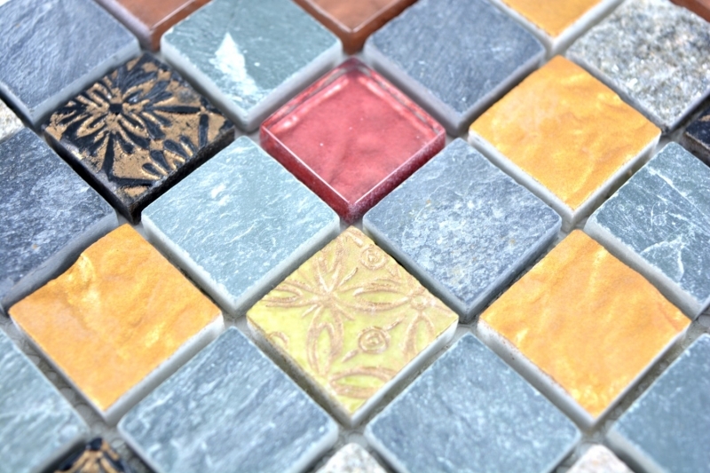 Muestra de mano mosaico azulejo translúcido gris negro cristal mosaico piedra gris negro oro MOS83-0207_m