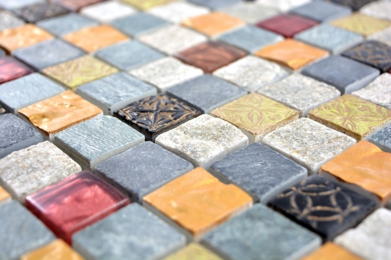 Muestra de mano mosaico azulejo translúcido gris negro cristal mosaico piedra gris negro oro MOS83-0207_m