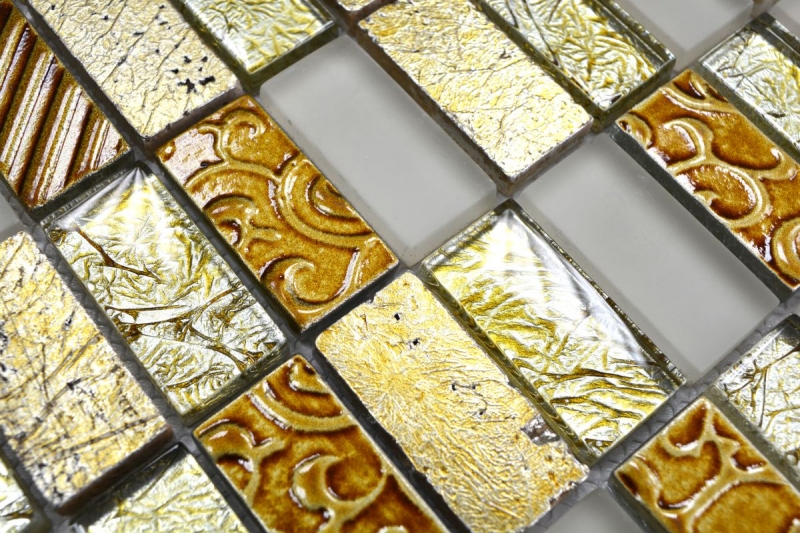 Muestra de mano mosaico azulejo espejo oro translúcido rectángulo vidrio mosaico cristal piedra retro oro MOS83-CRS4_m