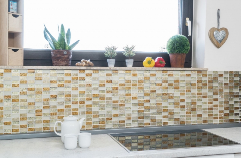 Muestra de mano mosaico azulejo espejo oro translúcido rectángulo vidrio mosaico cristal piedra retro oro MOS83-CRS4_m