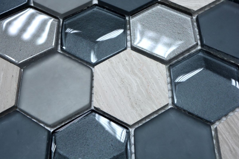 Muestra de mano mosaico azulejo Azulejo backsplash Gris translúcido Hexágono mosaico de vidrio Piedra de cristal 3D gris MOS11D-22_m