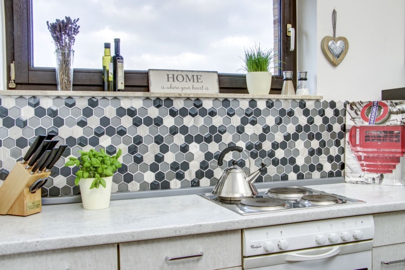 Muestra de mano mosaico azulejo Azulejo backsplash Gris translúcido Hexágono mosaico de vidrio Piedra de cristal 3D gris MOS11D-22_m