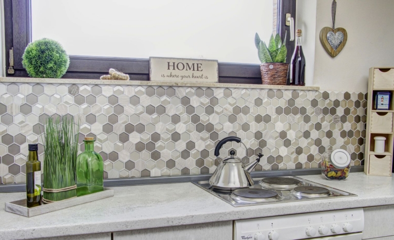 Muestra de mano mosaico azulejo Azulejo backsplash Gris claro translúcido Hexágono mosaico de vidrio Piedra de cristal 3D gris claro MOS11D-44_m