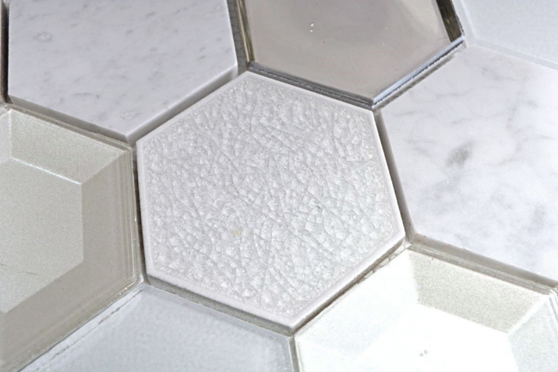 Muestra de mano mosaico azulejo Azulejo backsplash Blanco translúcido Hexágono mosaico de vidrio Piedra de cristal 3D blanco MOS11E-66_m