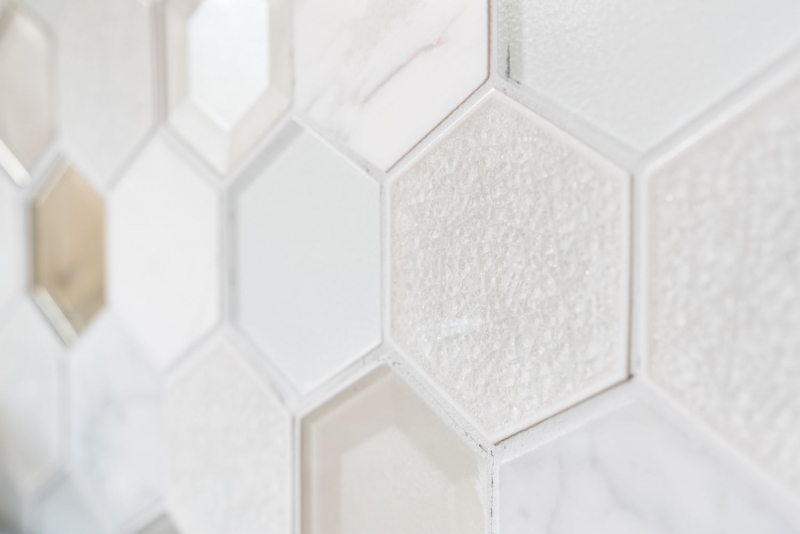 Muestra de mano mosaico azulejo Azulejo backsplash Blanco translúcido Hexágono mosaico de vidrio Piedra de cristal 3D blanco MOS11E-66_m