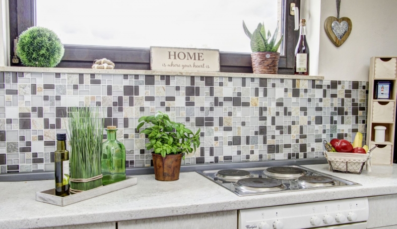Muestra de mano mosaico azulejo azulejo backsplash translúcido gris marrón combinación vidrio mosaico Crystal piedra gris marrón MOS88-0206_m