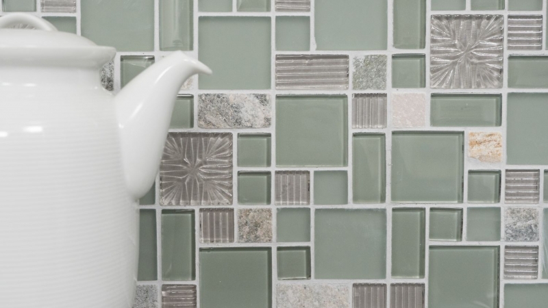 Muestra de mano mosaico azulejo azulejo backsplash gris translúcido combinación mosaico de vidrio Crystal piedra claro gris mate MOS88-MC669_m