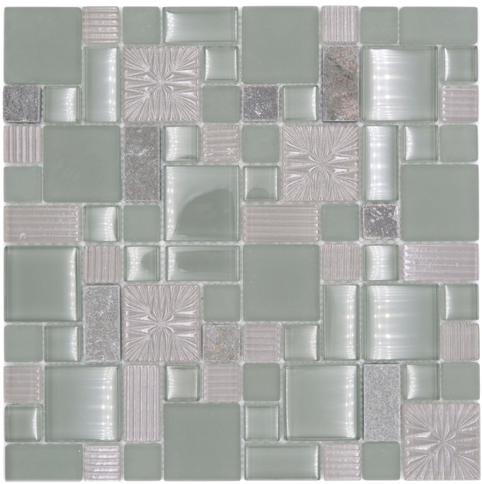 Muestra de mano mosaico azulejo azulejo backsplash gris translúcido combinación mosaico de vidrio Crystal piedra claro gris mate MOS88-MC669_m