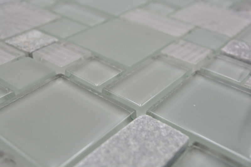 Muestra de mano mosaico azulejo azulejo backsplash gris translúcido combinación mosaico de vidrio Crystal piedra claro gris mate MOS88-MC669_m