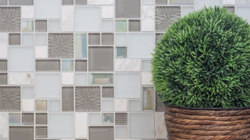 Muestra de mano mosaico azulejo Azulejo backsplash translúcido blanco gris combinación mosaico de vidrio Cristal piedra blanco gris blanco mate MOS88-MC659_m