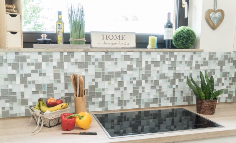 Muestra de mano mosaico azulejo Azulejo backsplash translúcido blanco gris combinación mosaico de vidrio Cristal piedra blanco gris blanco mate MOS88-MC659_m