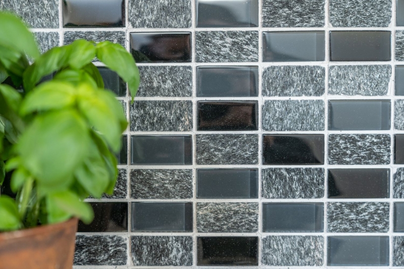 Muestra de mano mosaico azulejo espejo gris translúcido negro rectángulo vidrio mosaico Cristal piedra gris negro MOS87-1303_m