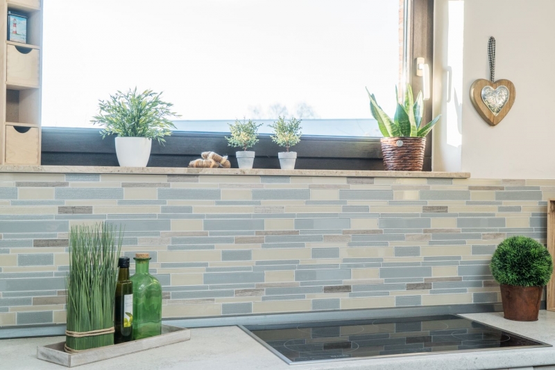 Muestra de mano mosaico azulejo azulejo backsplash translúcido beige gris compuesto vidrio mosaico Crystal piedra beige gris MOS67-GV24_m