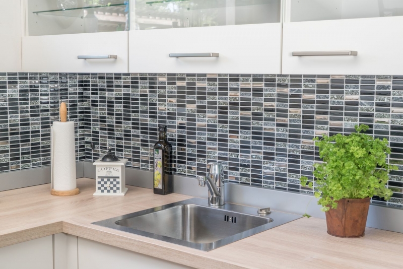 Muestra de mano mosaico azulejo espejo translúcido plata gris negro rectángulo vidrio mosaico cristal piedra negro MOS87-SM88_m