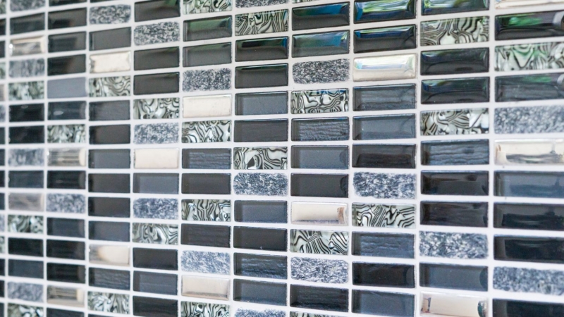 Muestra de mano mosaico azulejo espejo translúcido plata gris negro rectángulo vidrio mosaico cristal piedra negro MOS87-SM88_m