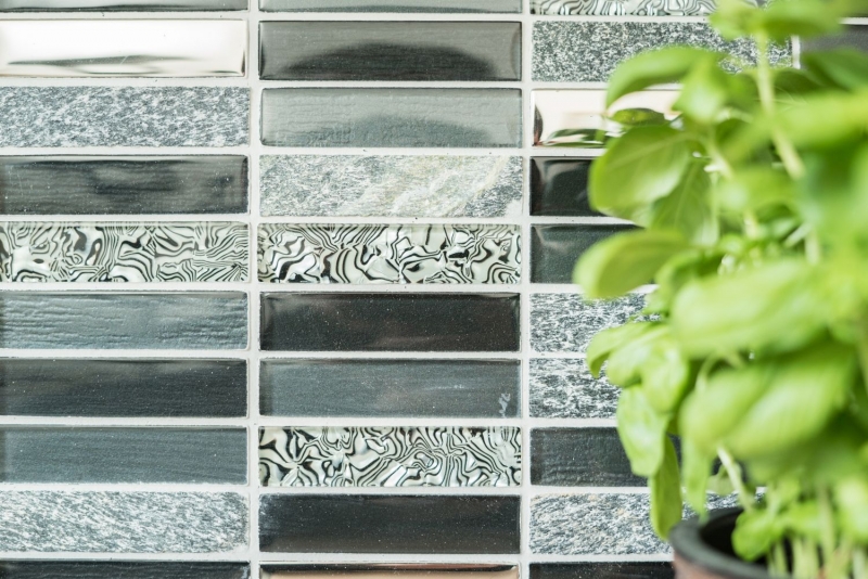 Muestra de mano mosaico azulejo Azulejo backsplash Translúcido plata gris negro Rectángulo Mosaico de vidrio Piedra de cristal negro MOS87-88X_m