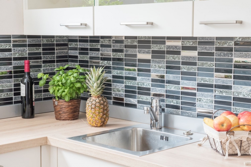 Muestra de mano mosaico azulejo Azulejo backsplash Translúcido plata gris negro Rectángulo Mosaico de vidrio Piedra de cristal negro MOS87-88X_m