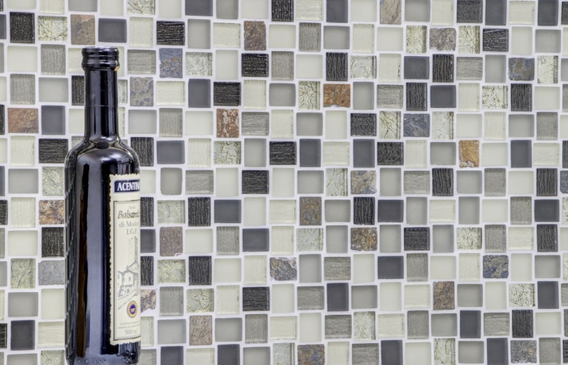 Muestra de mano mosaico azulejo azulejo backsplash translúcido blanco gris óxido rectángulo vidrio mosaico cristal piedra rústico MOS82-0102_m