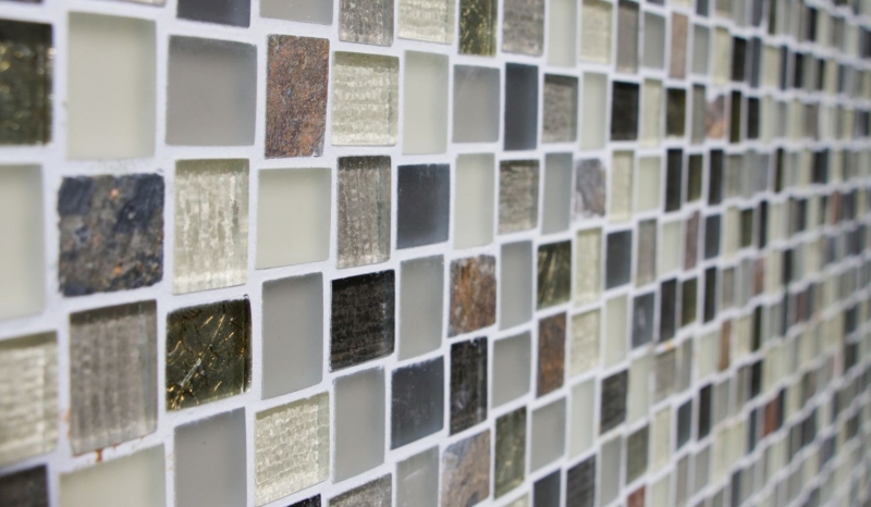 Muestra de mano mosaico azulejo azulejo backsplash translúcido blanco gris óxido rectángulo vidrio mosaico cristal piedra rústico MOS82-0102_m
