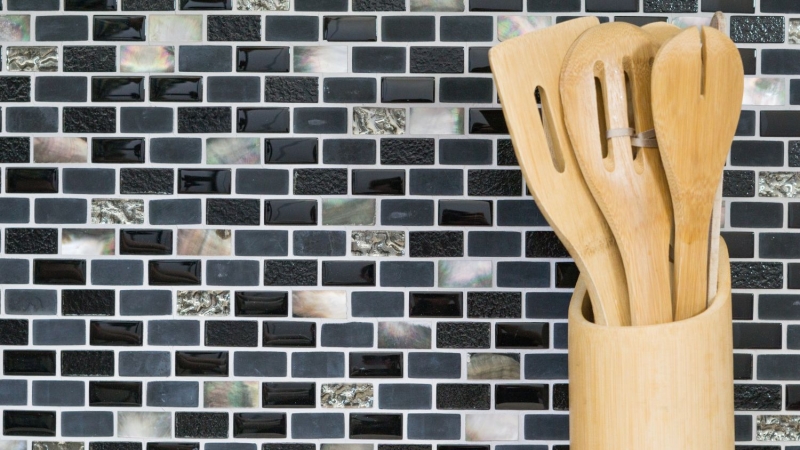 Muestra de mano azulejo mosaico Azulejo backsplash Translúcido negro Ladrillo Mosaico de vidrio Piedra de cristal Shell negro MOS87-B03S_m