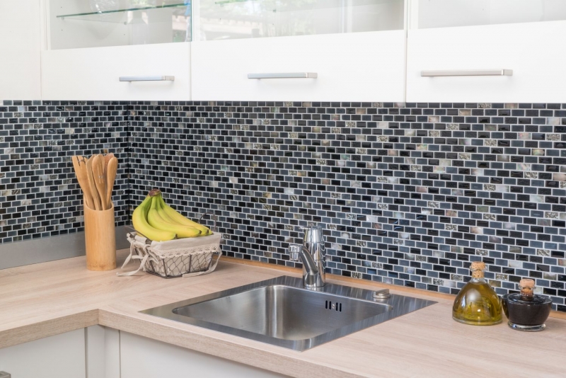 Muestra de mano azulejo mosaico Azulejo backsplash Translúcido negro Ladrillo Mosaico de vidrio Piedra de cristal Shell negro MOS87-B03S_m