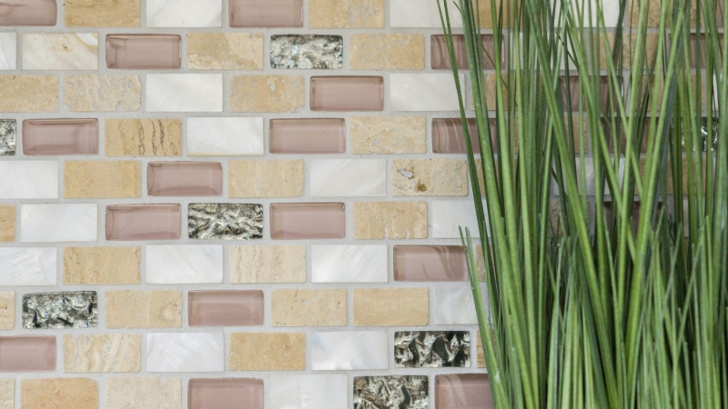 Muestra de mano mosaico azulejo azulejo backsplash translúcido beige ladrillo vidrio mosaico cristal piedra concha beige MOS87-B05S_m