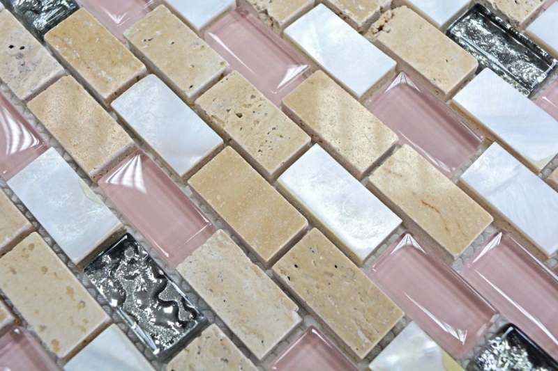 Muestra de mano mosaico azulejo azulejo backsplash translúcido beige ladrillo vidrio mosaico cristal piedra concha beige MOS87-B05S_m