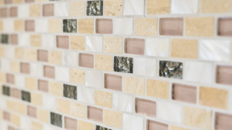 Muestra de mano mosaico azulejo azulejo backsplash translúcido beige ladrillo vidrio mosaico cristal piedra concha beige MOS87-B05S_m