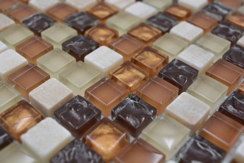 Muestra de mano mosaico azulejo Azulejo backsplash Translúcido beige marrón Mosaico de vidrio Piedra de cristal beige marrón MOS92-1206_m