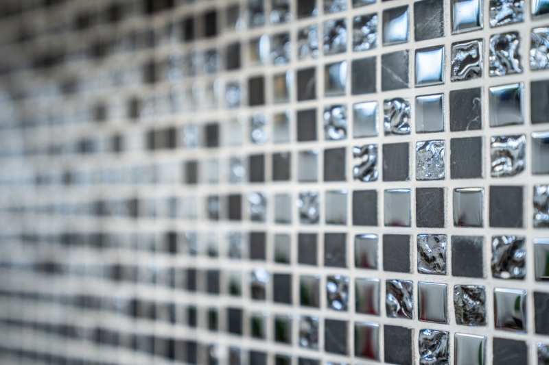 Muestra de mano azulejo mosaico Azulejo backsplash Gris translúcido negro Mosaico de vidrio Piedra de cristal gris negro MOS92-0302_m
