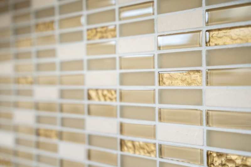 Muestra de mano mosaico azulejo azulejo backsplash translúcido blanco oro varillas vidrio mosaico cristal piedra blanco mate oro MOS87-1202_m