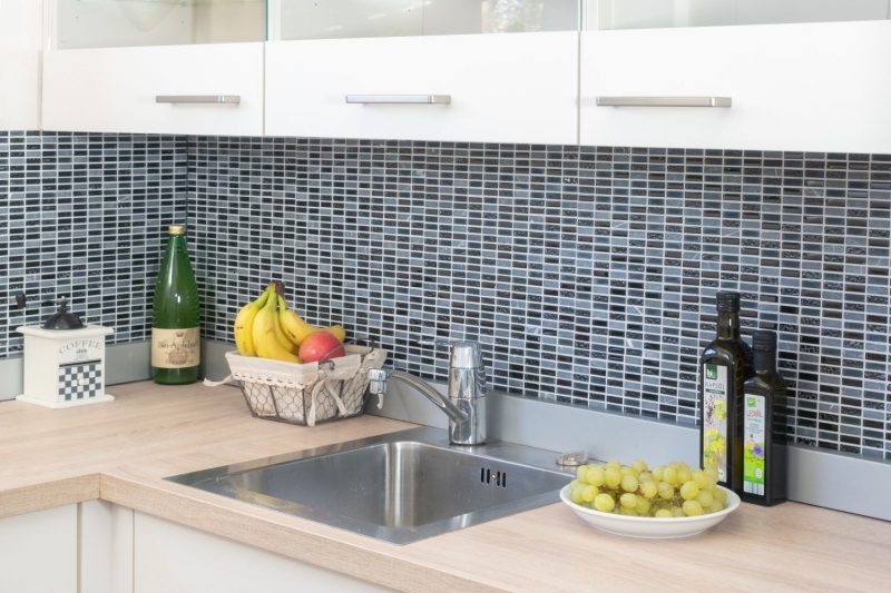 Muestra de mano mosaico azulejo azulejo backsplash gris translúcido varillas mosaico de vidrio Crystal piedra gris mate negro MOS87-1403_m