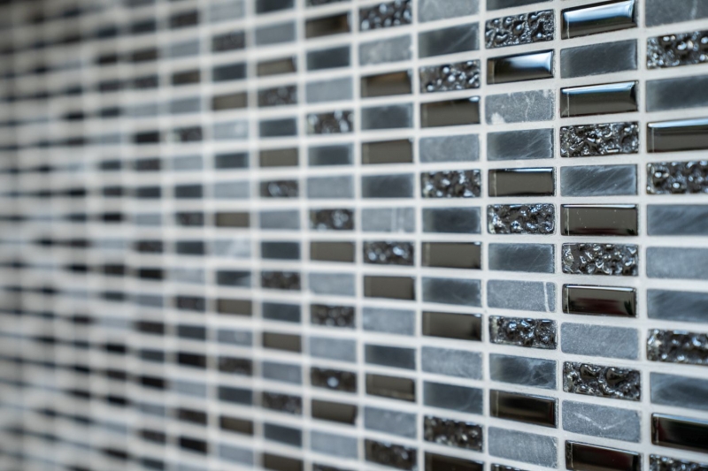 Muestra de mano mosaico azulejo azulejo backsplash gris translúcido varillas mosaico de vidrio Crystal piedra gris mate negro MOS87-1403_m
