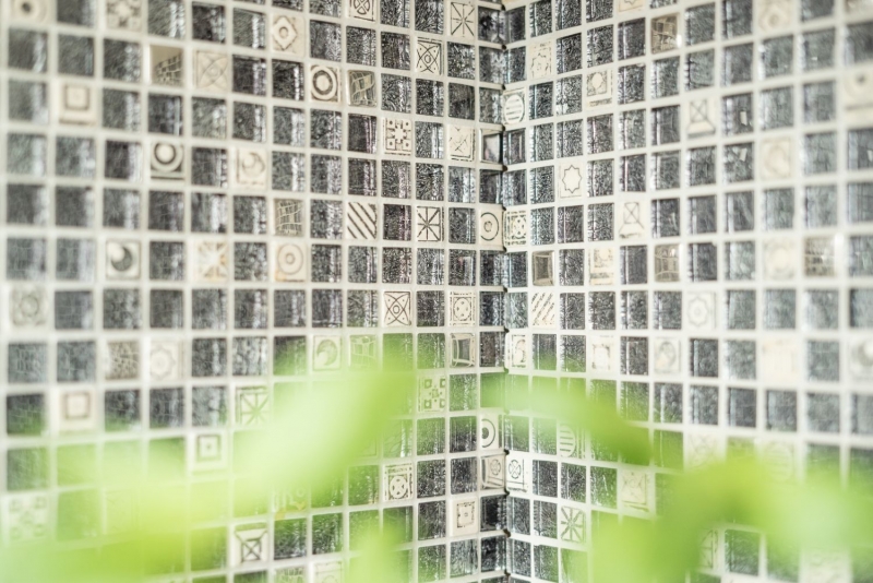Muestra de mano mosaico azulejo espejo translúcido blanco plata negro vidrio mosaico Cristal piedra blanco plata negro estructura MOS92-Z02EU_m