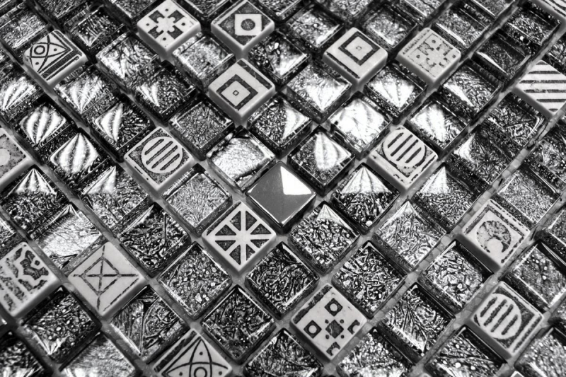 Muestra de mano mosaico azulejo espejo translúcido blanco plata negro vidrio mosaico Cristal piedra blanco plata negro estructura MOS92-Z02EU_m