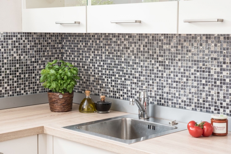 Muestra de mano mosaico azulejo espejo translúcido blanco plata negro vidrio mosaico Cristal piedra blanco plata negro estructura MOS92-Z02EU_m