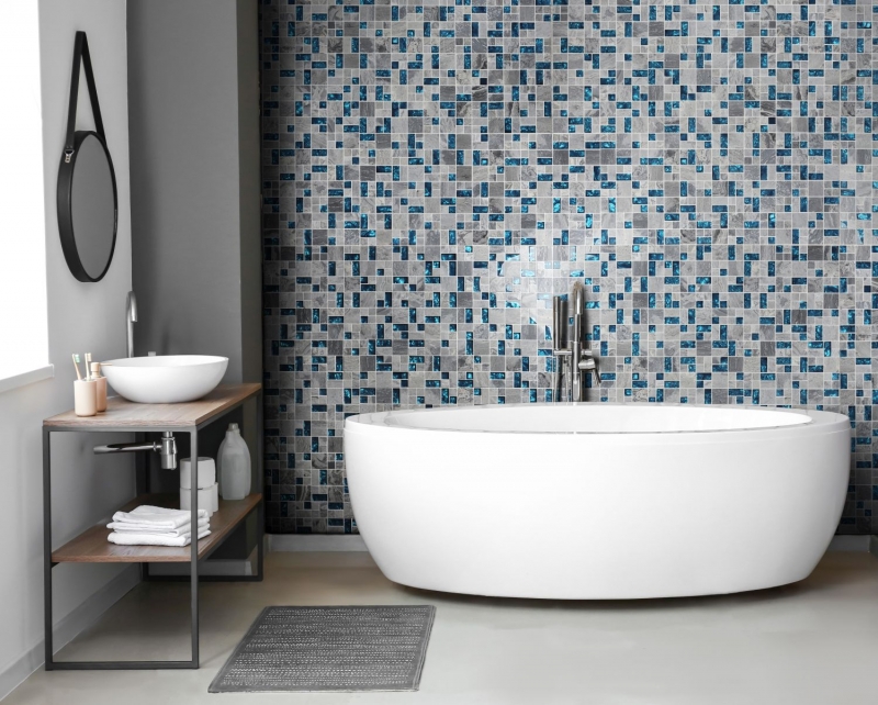 Muestra de mano mosaico azulejo azulejo backsplash gris translúcido combinación vidrio mosaico Crystal piedra gris azul MOS88-0404_m