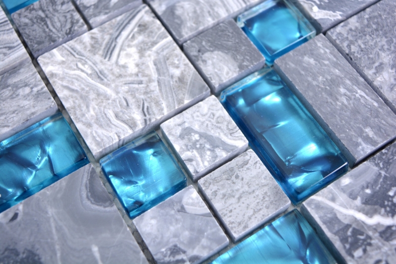 Muestra de mano mosaico azulejo azulejo backsplash gris translúcido combinación vidrio mosaico Crystal piedra gris azul MOS88-0404_m