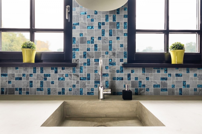 Muestra de mano mosaico azulejo azulejo backsplash gris translúcido combinación vidrio mosaico Crystal piedra gris azul MOS88-0404_m