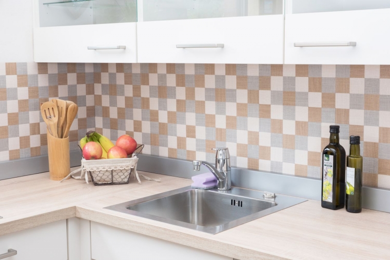 Muestra de mano mosaico azulejo backsplash autoadhesivo aluminio crema beige gris metal aspecto textil MOS200-2622_m